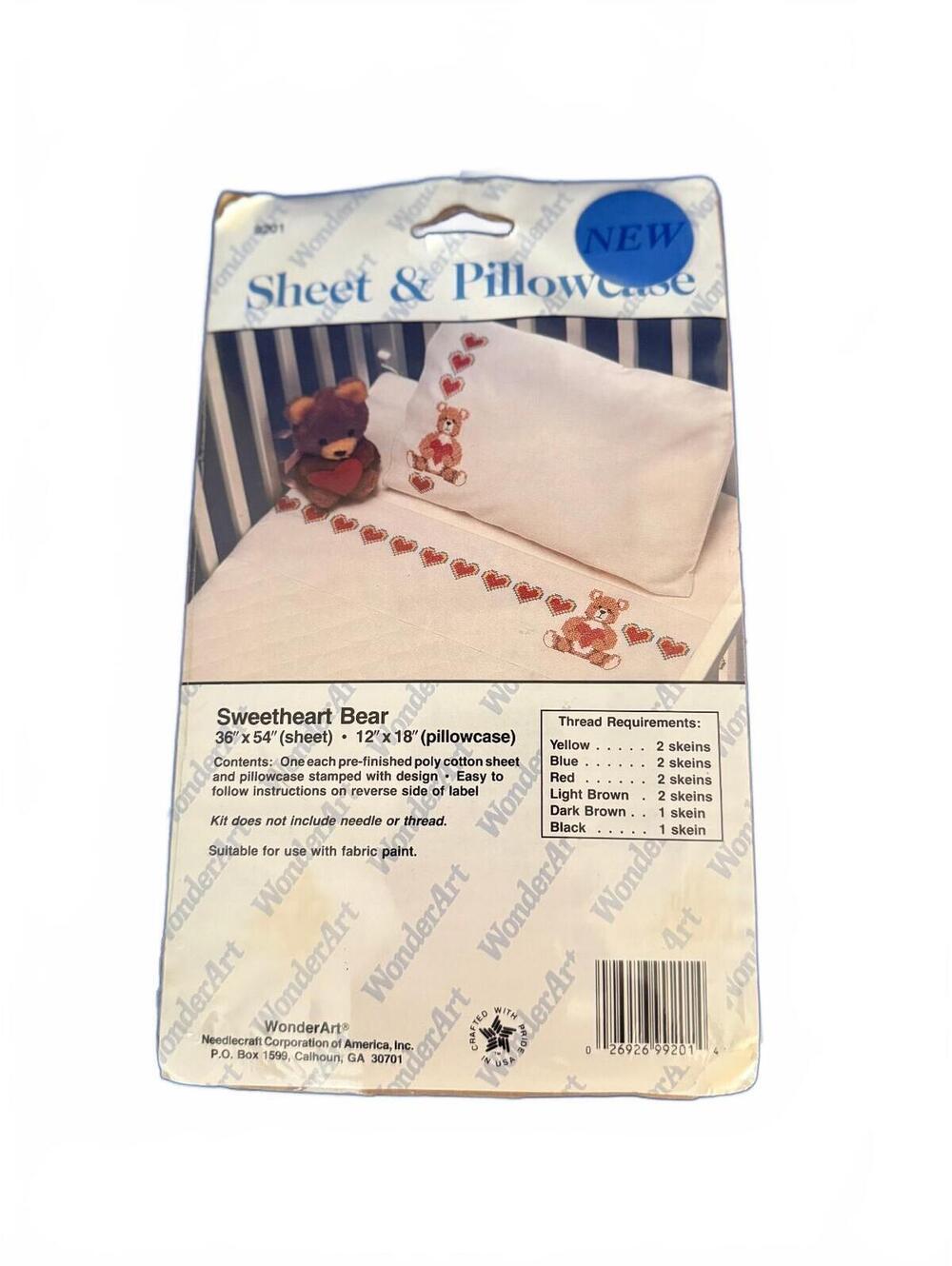 WonderArt Sweetheart Bear Sheet and Pillowcase Cross-Stitch Kit
